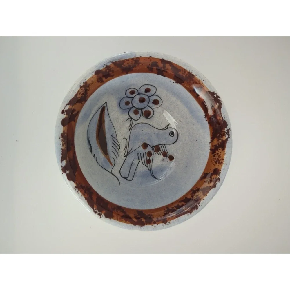 Tonala Mexican Pottery Signed Blue Brown Bird Bowls Set of 2 Handmade Ceramic